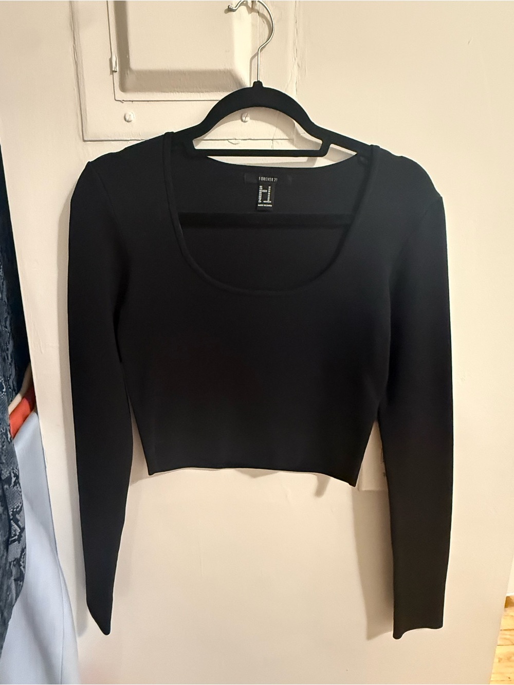 Forever 21 Black Long-Sleeve Scoop Neck Cropped Top